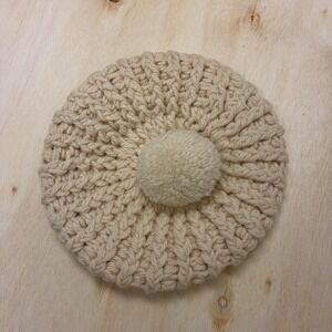 Vintage Gimbels Hat Beret Womens One Size White Wool Crochet Pom Pom Italy